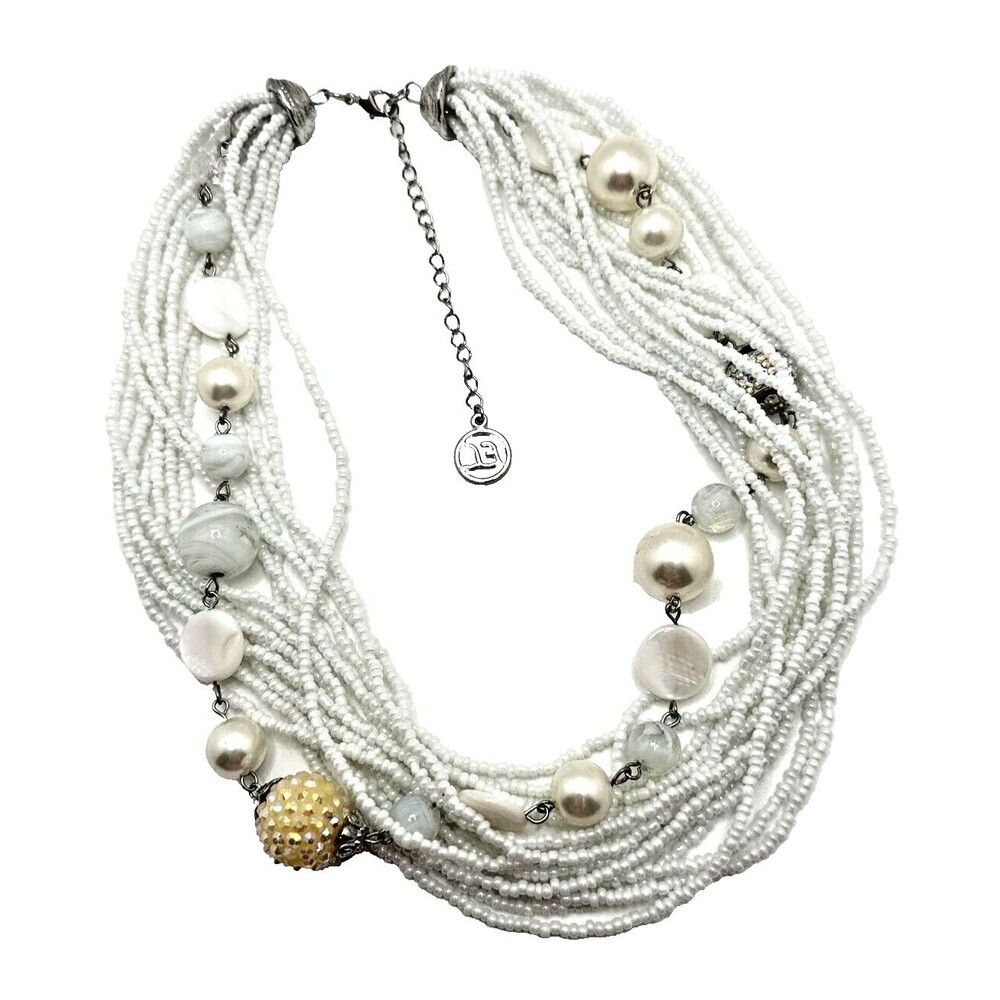 ERICA LYONS Multi Strand Necklace White Seed Bead Faux Pearl Rhinestone 18"